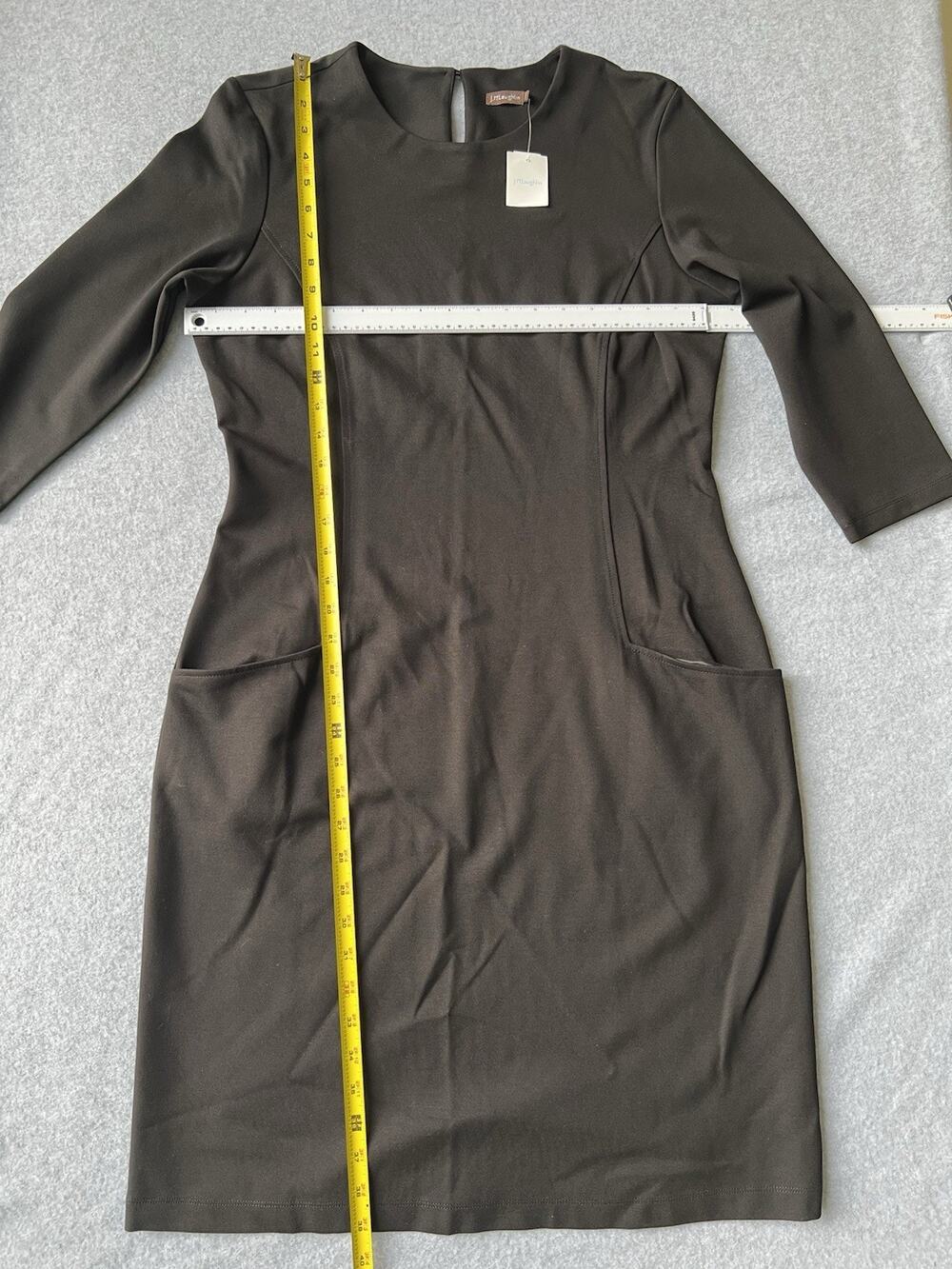 J. McLaughlin Catalyst Sheath Dress Black L 3/4 Sleeve Knit Pockets Stretch